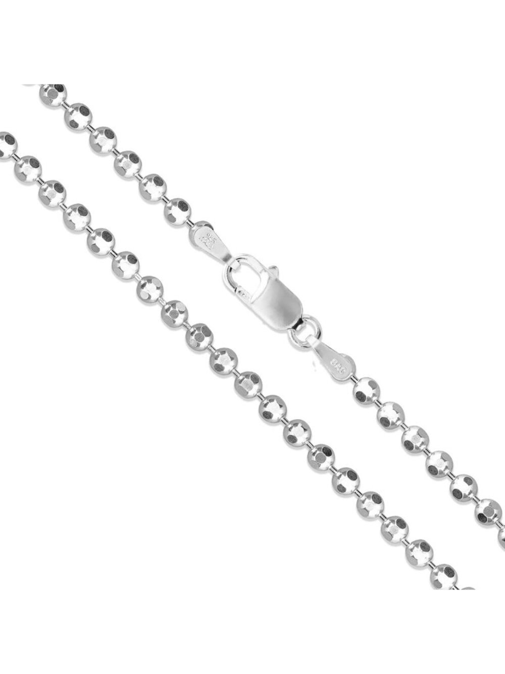 Sterling Silver Diamond-Cut Bead Chain Necklace 2.2mm, 925 Italy Dog Tag Style